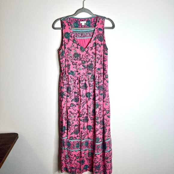 J. Jill Pink Paisley Boho V-Neck Midi Dress Bright Colorful Beach Coastal Sz L - Picture 1 of 4